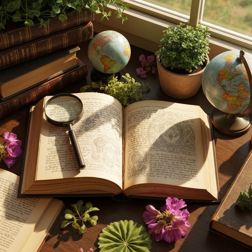 Open book surrounded by natural botanical elements representing educational knowledge