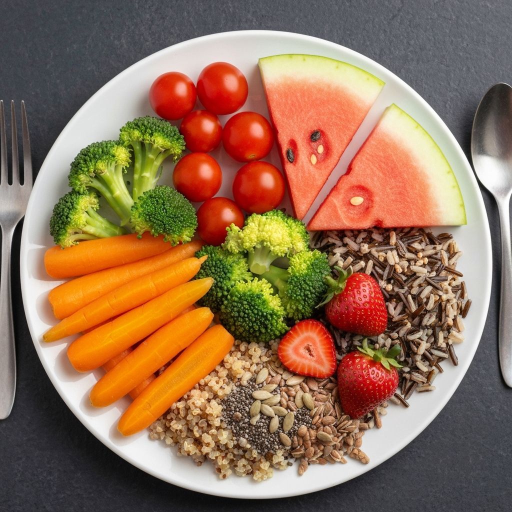 Balanced healthy meal with fresh vegetables and fruits